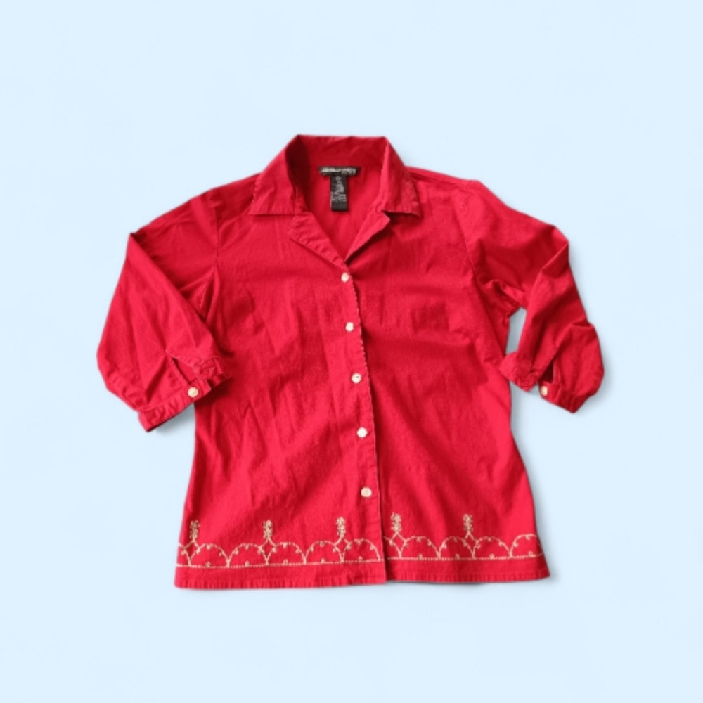 Vintage Cottagecore Boho Chic Red Button-Up Shirt Cotton Lovely Embroidered Hem